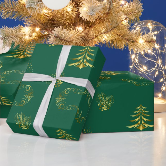 Papier Cadeau Noël vert et or décoratif (Vacances)