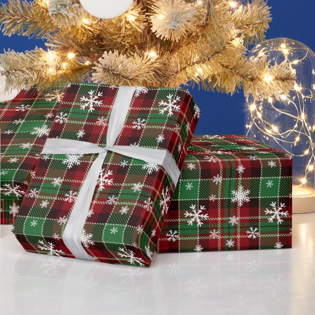 Papier Cadeau Noël vert, rouge avec des flocons blancs (Vacances)