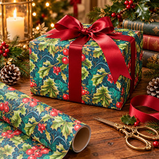 Papier Cadeau Noël victorien vintage au houx et aux baies