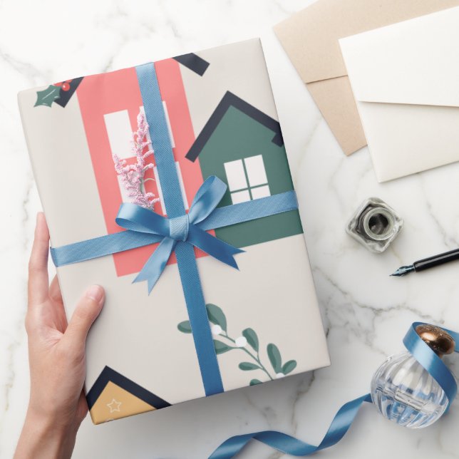 Papier Cadeau Noël Village mignonne Festive Vacances (Cadeaux)