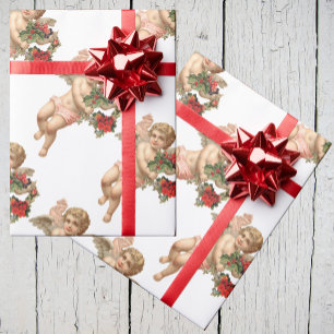 Papier Cadeau Noël vintage, Ange victorien avec couronne florale