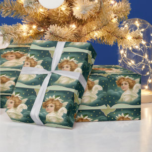 Papier Cadeau Noël vintage, Ange victorien avec étoiles d'or