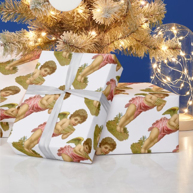 Papier Cadeau Noël vintage, Angel musicien avec pots (Vacances)