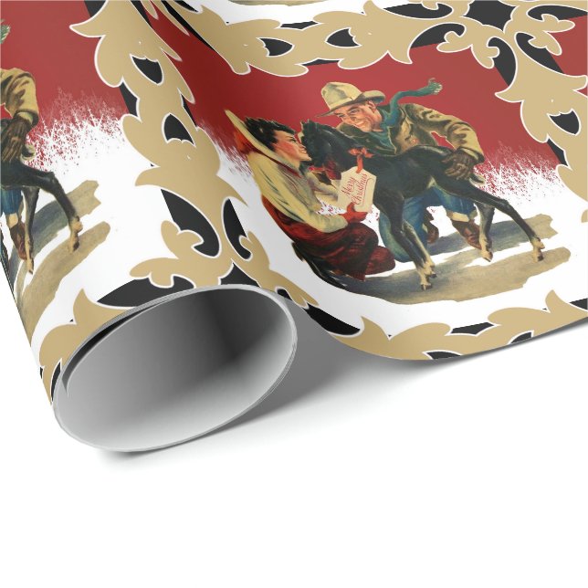 Papier Cadeau Noël Vintage de la Cowboy Cowgirl (Coin rond)