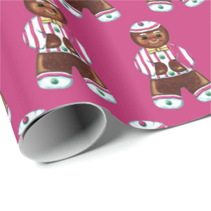 Papier Cadeau Noël vintage de rose de bonhomme en pain d'épice