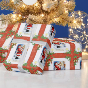 Papier Cadeau Noël vintage du Père Noël et de Poinsettia