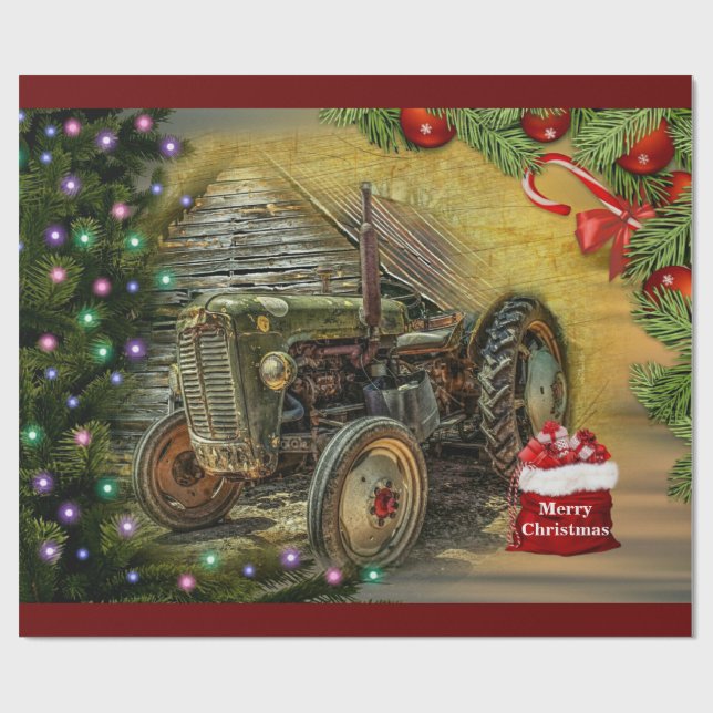 Papier Cadeau Noël vintage Green Tracteur (Plat)