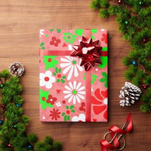 Papier Cadeau Noël vintage groovy années 60 floral flocons de ne