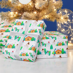 Papier Cadeau Noël vintage Hiver Bonhomme de neige Cottage Arbre