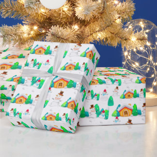 Papier Cadeau Noël vintage Hiver Bonhomme de neige Cottage Arbre