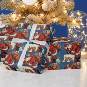 Papier Cadeau Noël vintage, le Père Noël descend Chimney avec jo