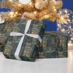 Papier Cadeau Noël vintage, maison avec couronnes dans les fenêt
