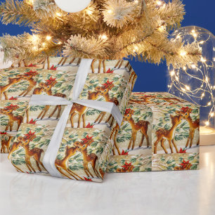 Papier Cadeau Noël Vintage Mignon Faons Poinsettia Rouge