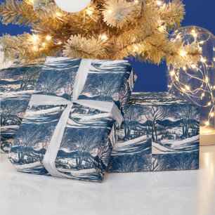 Papier Cadeau Noël vintage, paysage de montagne enneigée en hive