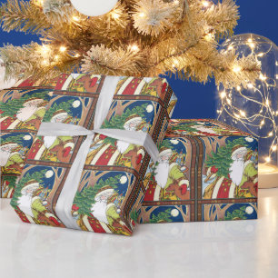 Papier Cadeau Noël vintage, Père Noël Cerf en forêt