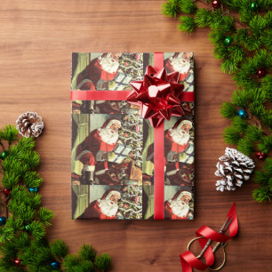 Papier Cadeau Noël vintage, Père Noël rétro avec cadeaux