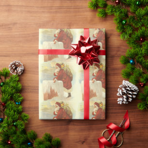 Papier Cadeau Noël Vintage Père Noël victorien à Chimney