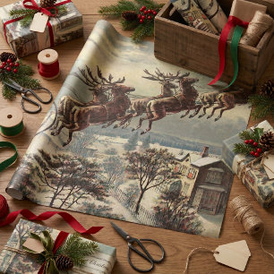 Papier Cadeau Noël vintage, Père Noël victorien dans un traîneau