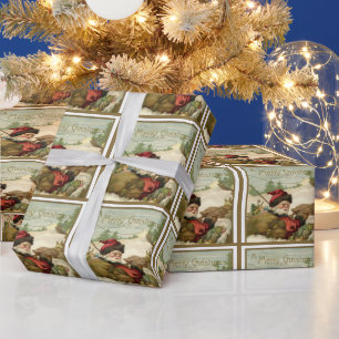 Papier Cadeau Noël vintage, Père Noël victorien en traîneau