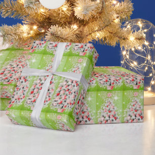Papier Cadeau Noël Vintage Retro Arbres Roses Rouges