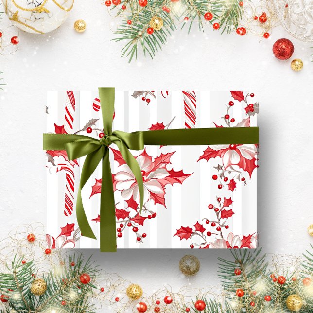 Papier Cadeau Noël vintage Rustique Rouge Floral (Vintage Rustic Red Floral Botanical Christmas Wrapping Paper)