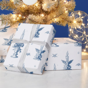 Papier Cadeau Noël Vintage Toile de Jouy Dusty Bleu