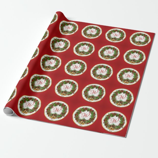 Papier Cadeau Noël Wreath Bells Holly Pine Monogramme (Déroulé)