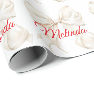Papier Cadeau Nœud blanc élégant nom rouge Noël