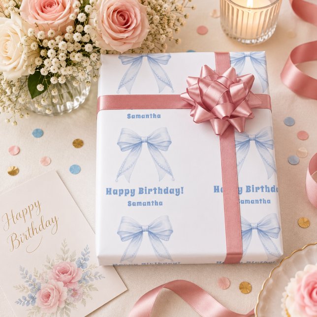 Papier Cadeau Nœud bleu d'anniversaire fille blanche (Créateur téléchargé)