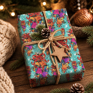 Papier Cadeau Nœud de Noël rétro aqua rouge