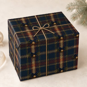 Papier Cadeau Nœud en velours de Noël tartan bordeaux marine