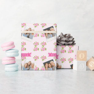 Papier Cadeau Nœud Floral Féminin Coquette Rose Personnalisé