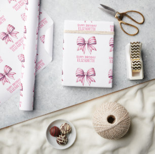 Papier Cadeau Nœud personnalisé aquarelle rose et blanc côtier