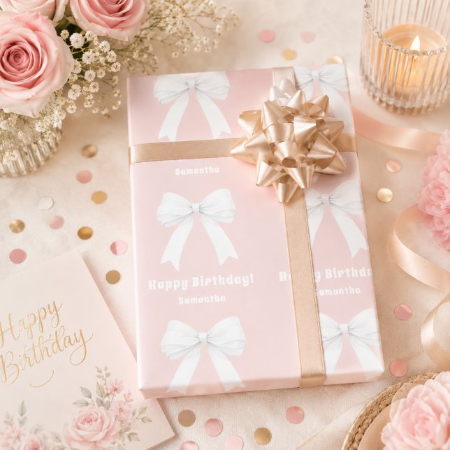 Papier Cadeau Nœud rose anniversaire fille blanche (Créateur téléchargé)