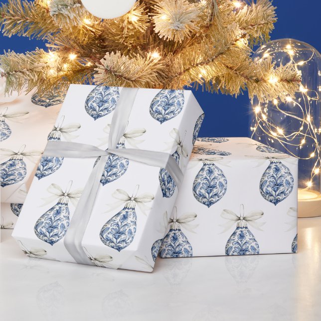 Papier Cadeau Nœuds Bleus Blancs Chic Ornements Noël (Vacances)