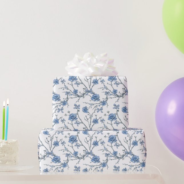 Papier Cadeau Nœuds bleus élégants et branches florales (Cadeaux de fête)