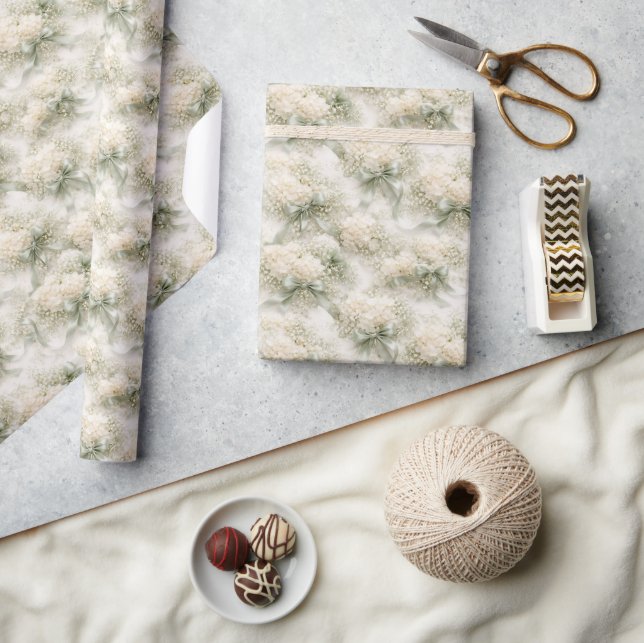 Papier Cadeau Nœuds de mariage, rubans et fleurs d'hortensia (Artisanat)
