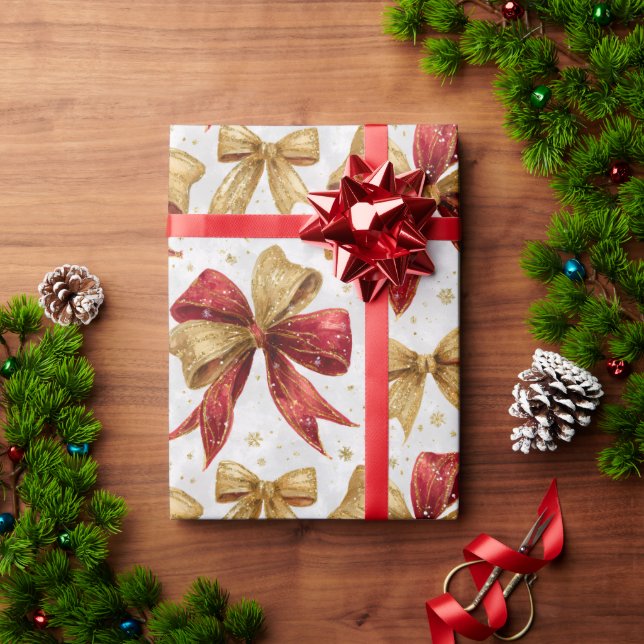Papier Cadeau Nœuds de Noël en or rouge (Cadeau de vacances)