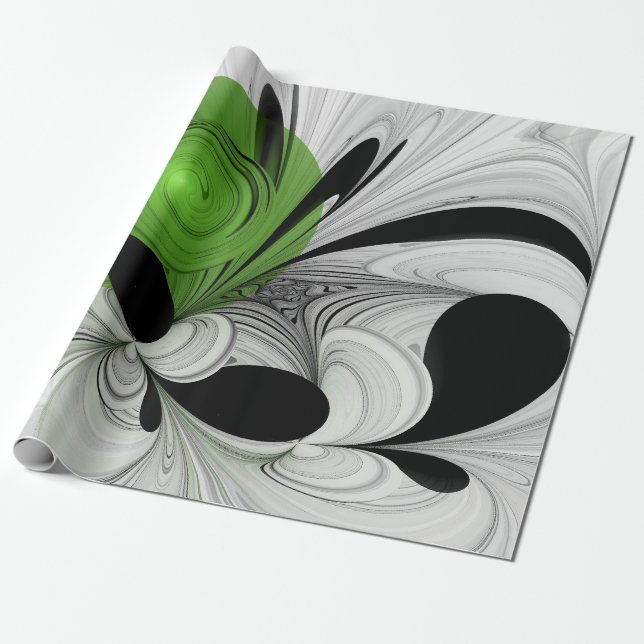 Papier Cadeau Noir Abstrait et blanc avec art fractal vert (Déroulé)