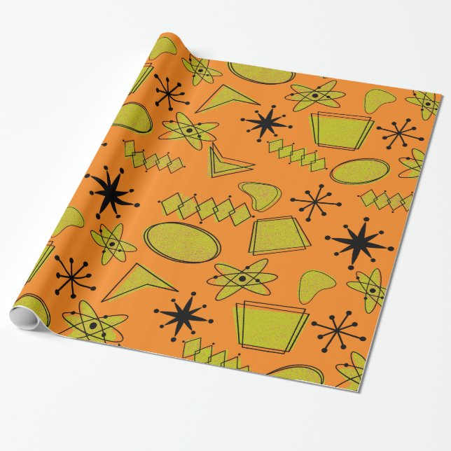 Papier Cadeau Noir atomique et jaune sur orange (Déroulé)