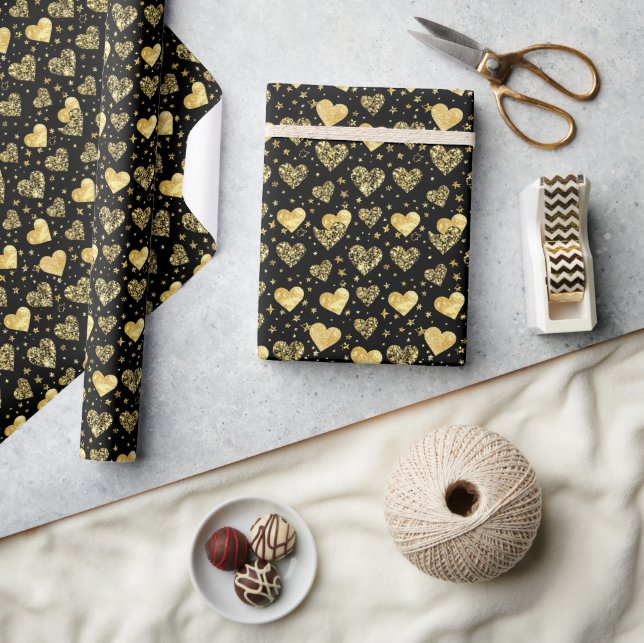 Papier Cadeau Noir avec coeurs scintillants dorés (Artisanat)