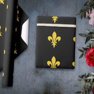 Papier cadeau noir avec motif Fleur de Lys Or