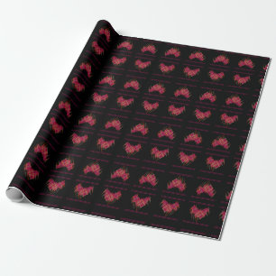 Papier Cadeau Noir avec motifs répétitifs en rouge vin
