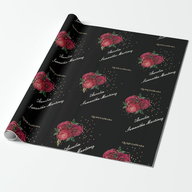 Papier Cadeau Noir avec Roses Rouges Quinceañera Papier d'envelo (Déroulé)