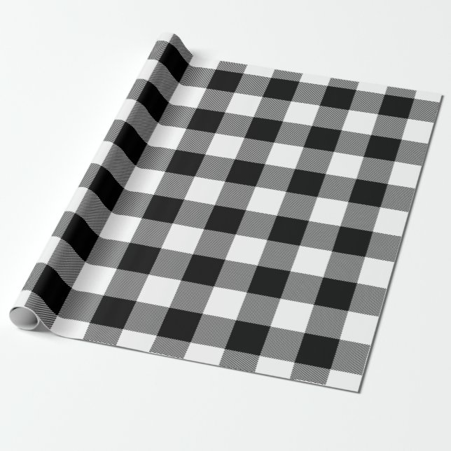 Papier Cadeau Noir Blanc Buffalo Plaid Tartan Motif Noël (Déroulé)