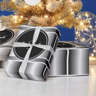 Papier Cadeau Noir blanc et argent Monogramme Carrés géométrique