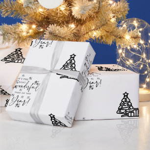 Papier Cadeau Noir blanc Joyeux arbres de Noël Citation Cadeau