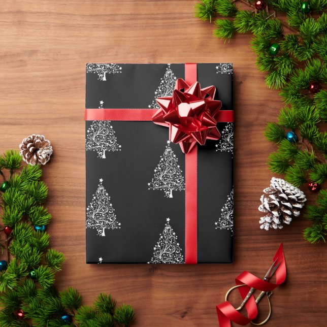 Papier Cadeau noir blanc sapin de Noël motif élégant (Cadeau de vacances)