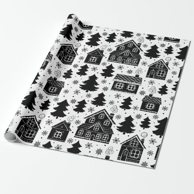 Papier Cadeau Noir Blanc Vacances Motif Élégant Noël (Déroulé)