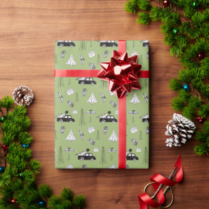 Papier Cadeau Noir de Noël moderne et Motif blanc sur vert